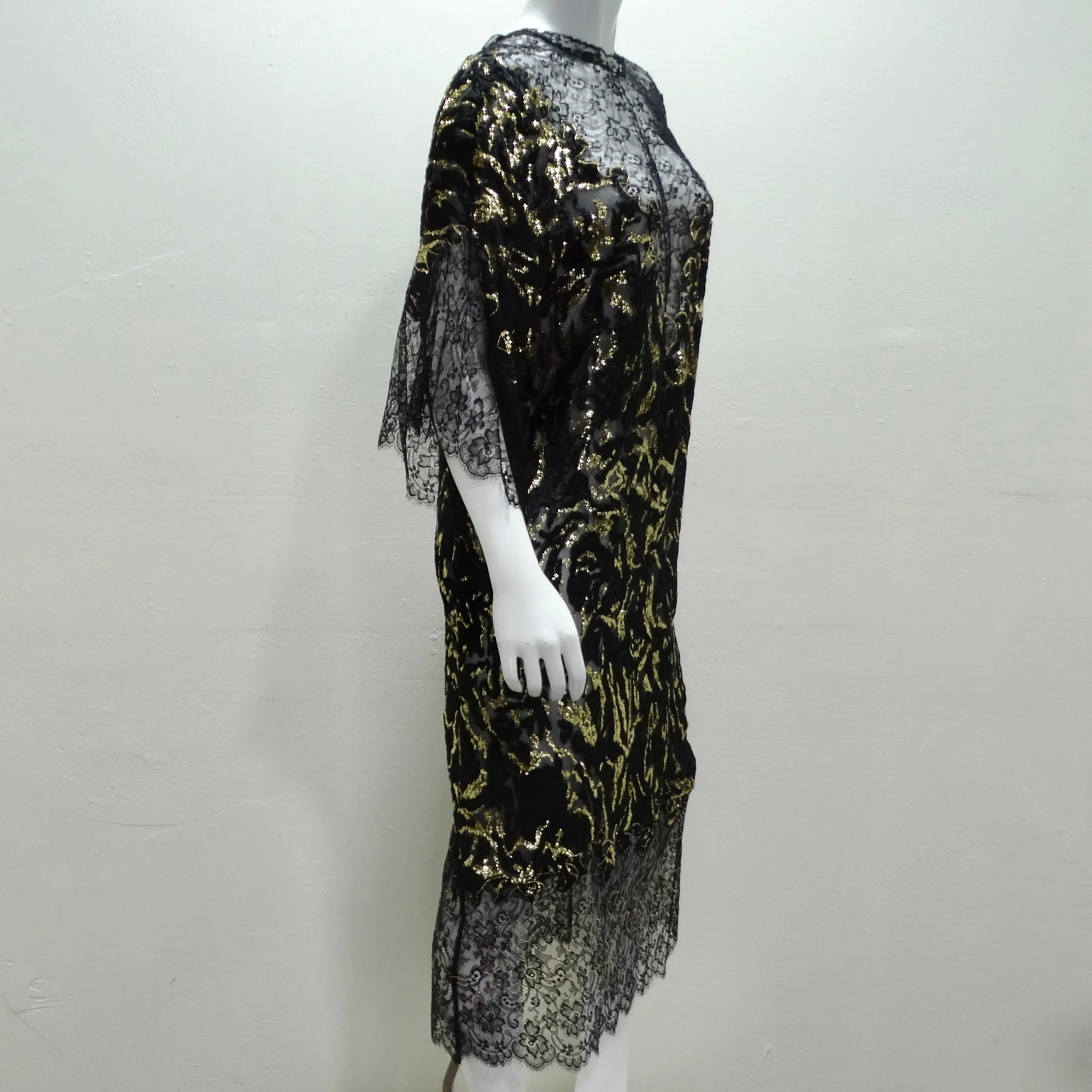 1980s Black Metallic Gold Lace Dress