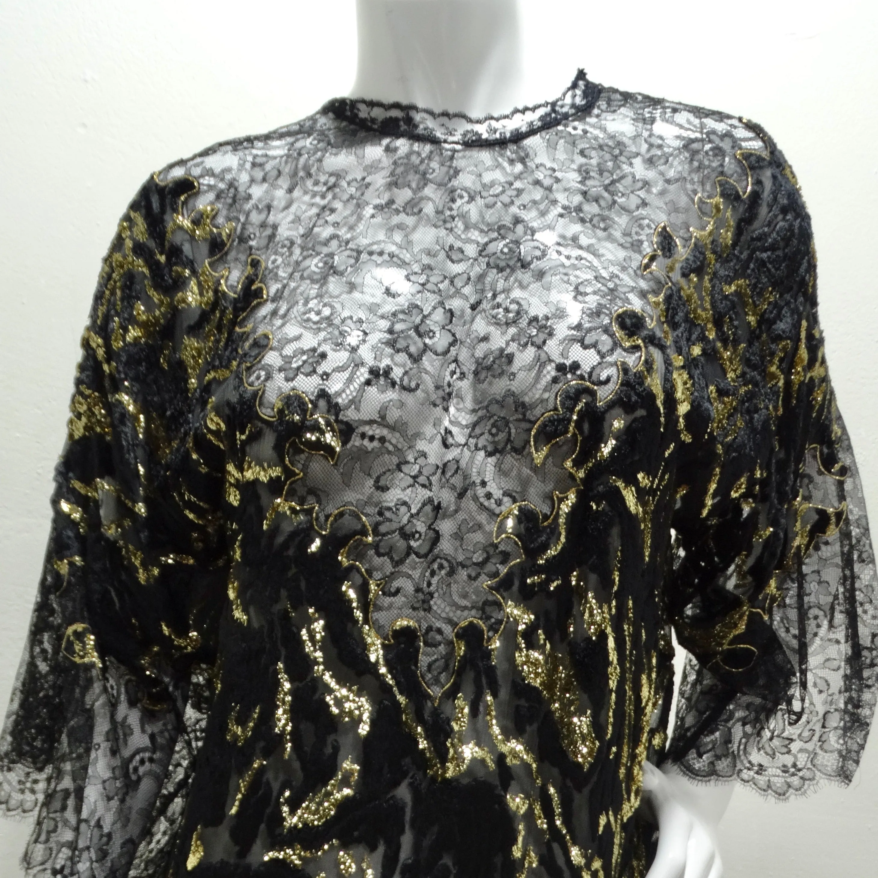 1980s Black Metallic Gold Lace Dress