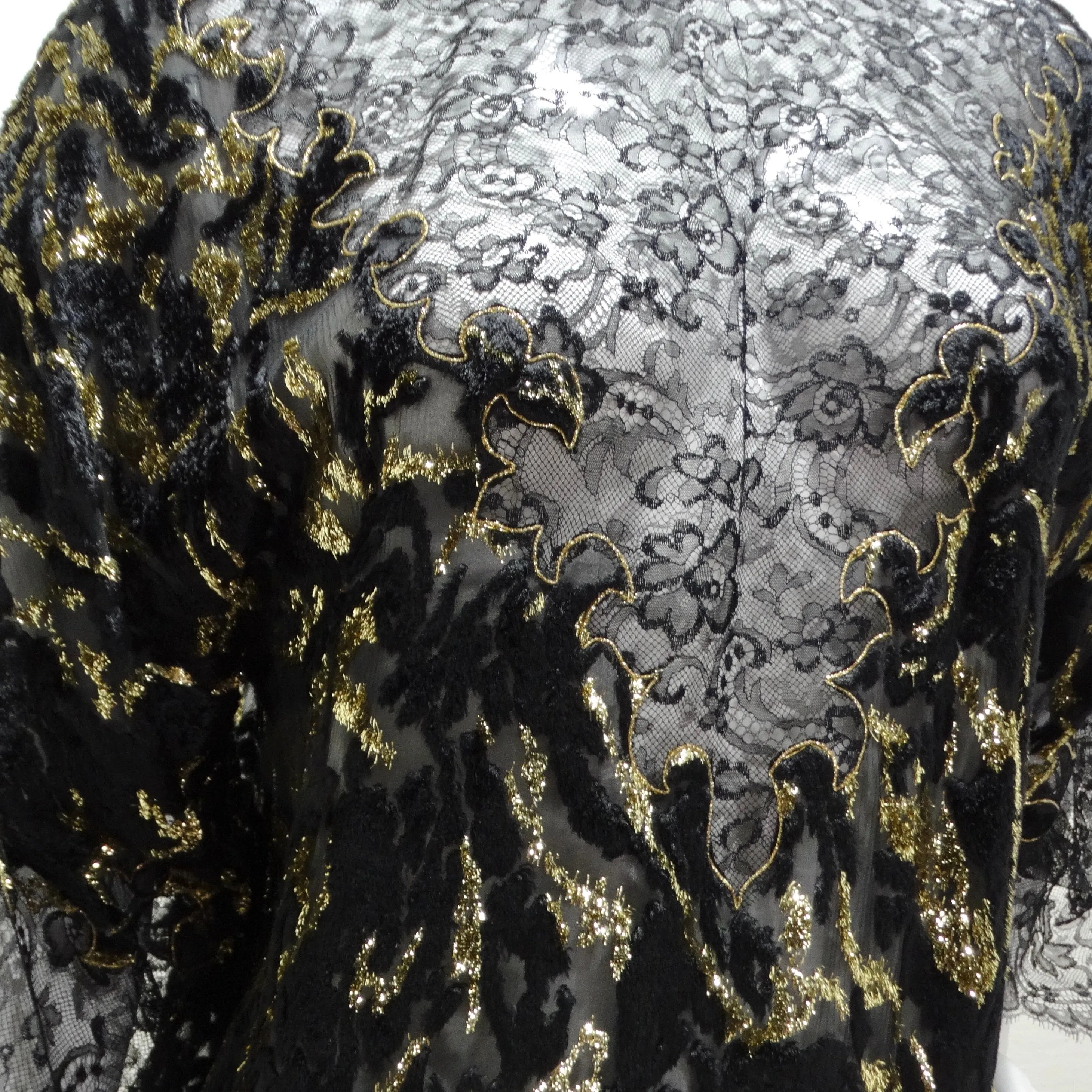 1980s Black Metallic Gold Lace Dress