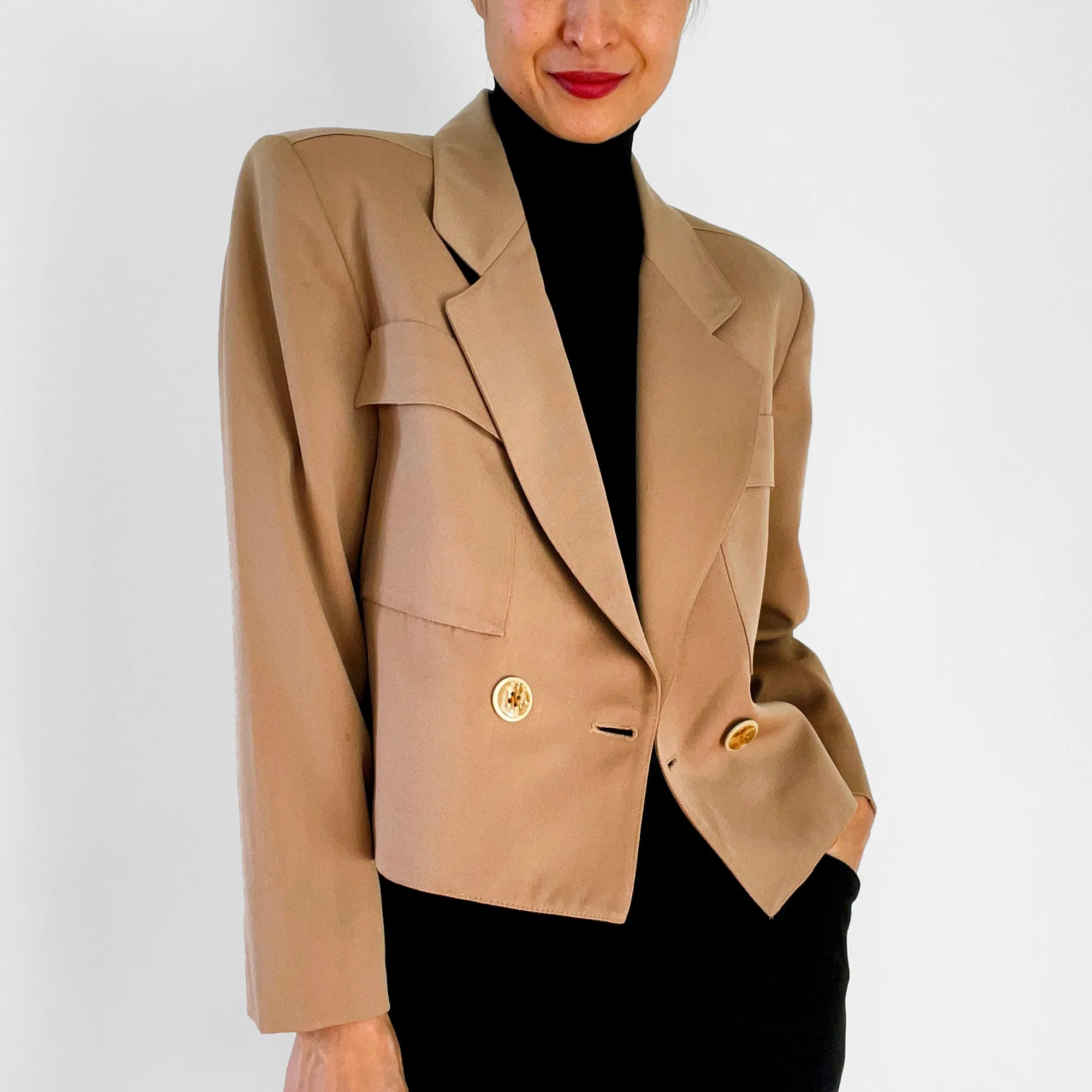 1980s Tan Wool Double-Breasted Christian Dior Blazer Jacket