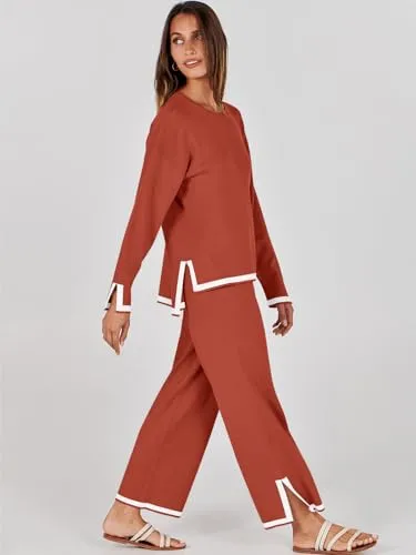 ANRABESS Women's Two Piece Outfits Long Sleeve Knit Pullover Sweater Tops & Wide leg Pants Casual Lounge Matching Sweatsuit Tracksuits Sets Red Apricot Medium