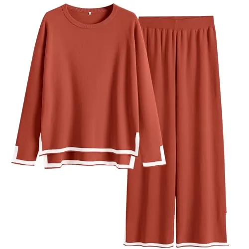 ANRABESS Women's Two Piece Outfits Long Sleeve Knit Pullover Sweater Tops & Wide leg Pants Casual Lounge Matching Sweatsuit Tracksuits Sets Red Apricot Medium