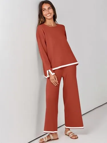 ANRABESS Women's Two Piece Outfits Long Sleeve Knit Pullover Sweater Tops & Wide leg Pants Casual Lounge Matching Sweatsuit Tracksuits Sets Red Apricot Medium