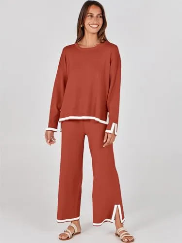 ANRABESS Women's Two Piece Outfits Long Sleeve Knit Pullover Sweater Tops & Wide leg Pants Casual Lounge Matching Sweatsuit Tracksuits Sets Red Apricot Medium