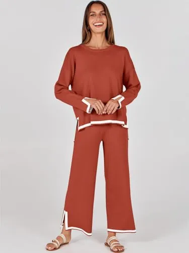 ANRABESS Women's Two Piece Outfits Long Sleeve Knit Pullover Sweater Tops & Wide leg Pants Casual Lounge Matching Sweatsuit Tracksuits Sets Red Apricot Medium