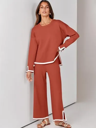 ANRABESS Women's Two Piece Outfits Long Sleeve Knit Pullover Sweater Tops & Wide leg Pants Casual Lounge Matching Sweatsuit Tracksuits Sets Red Apricot Medium