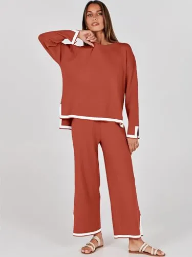 ANRABESS Women's Two Piece Outfits Long Sleeve Knit Pullover Sweater Tops & Wide leg Pants Casual Lounge Matching Sweatsuit Tracksuits Sets Red Apricot Medium