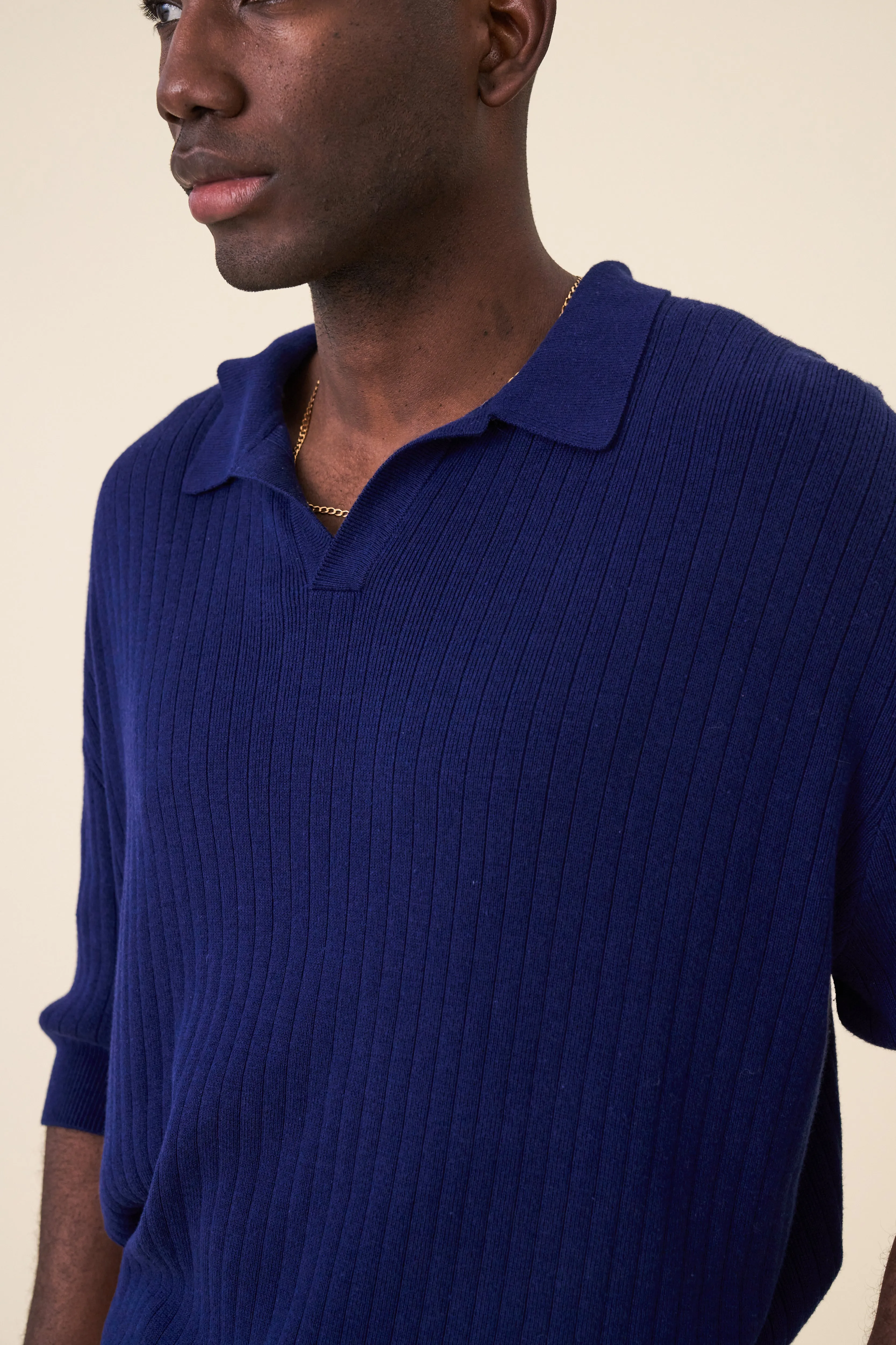 BALEARIC RIBBED KNIT POLO - NAVY