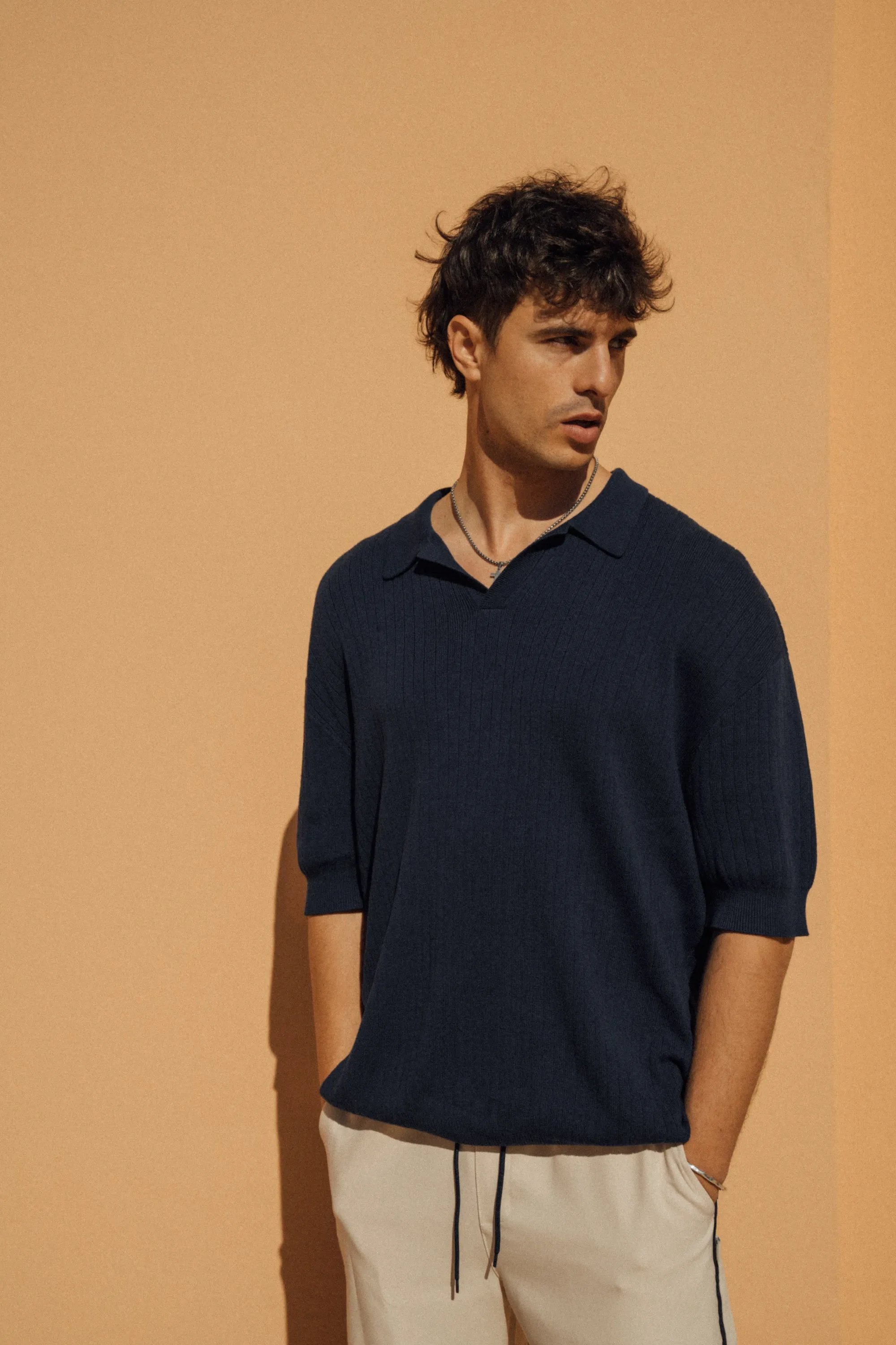 BALEARIC RIBBED KNIT POLO - NAVY