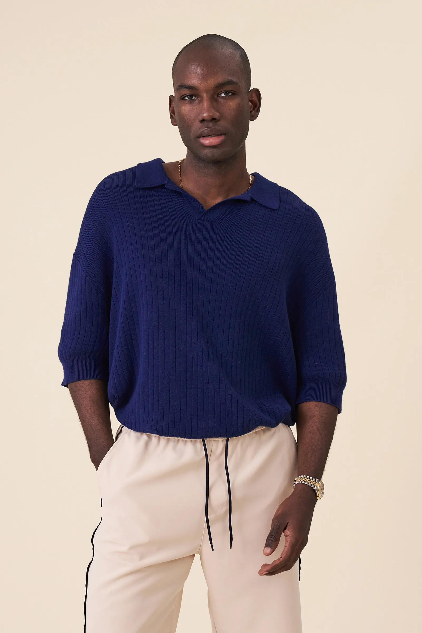 BALEARIC RIBBED KNIT POLO - NAVY