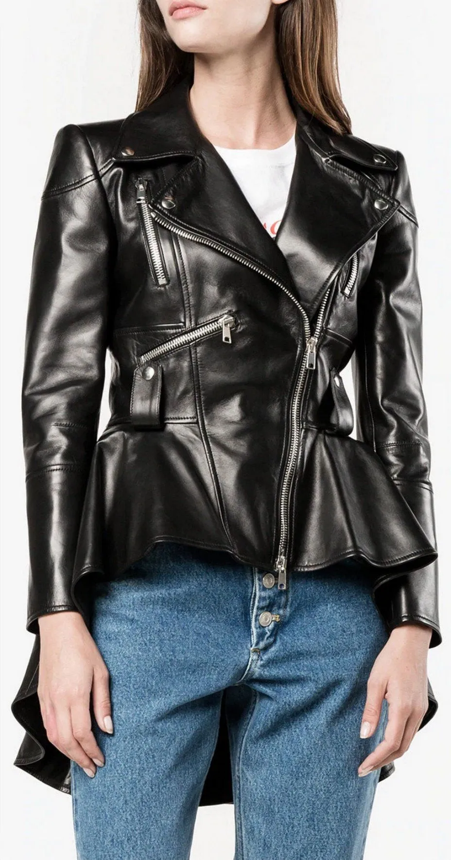 Black Faux-Leather Peplum Biker Jacket