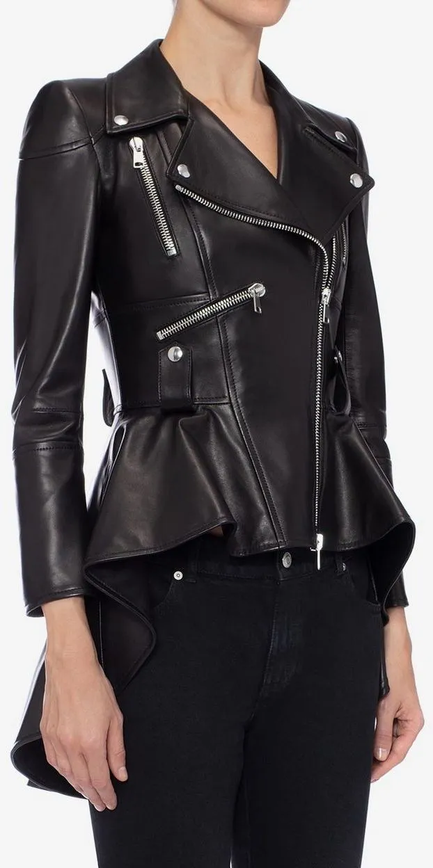 Black Faux-Leather Peplum Biker Jacket