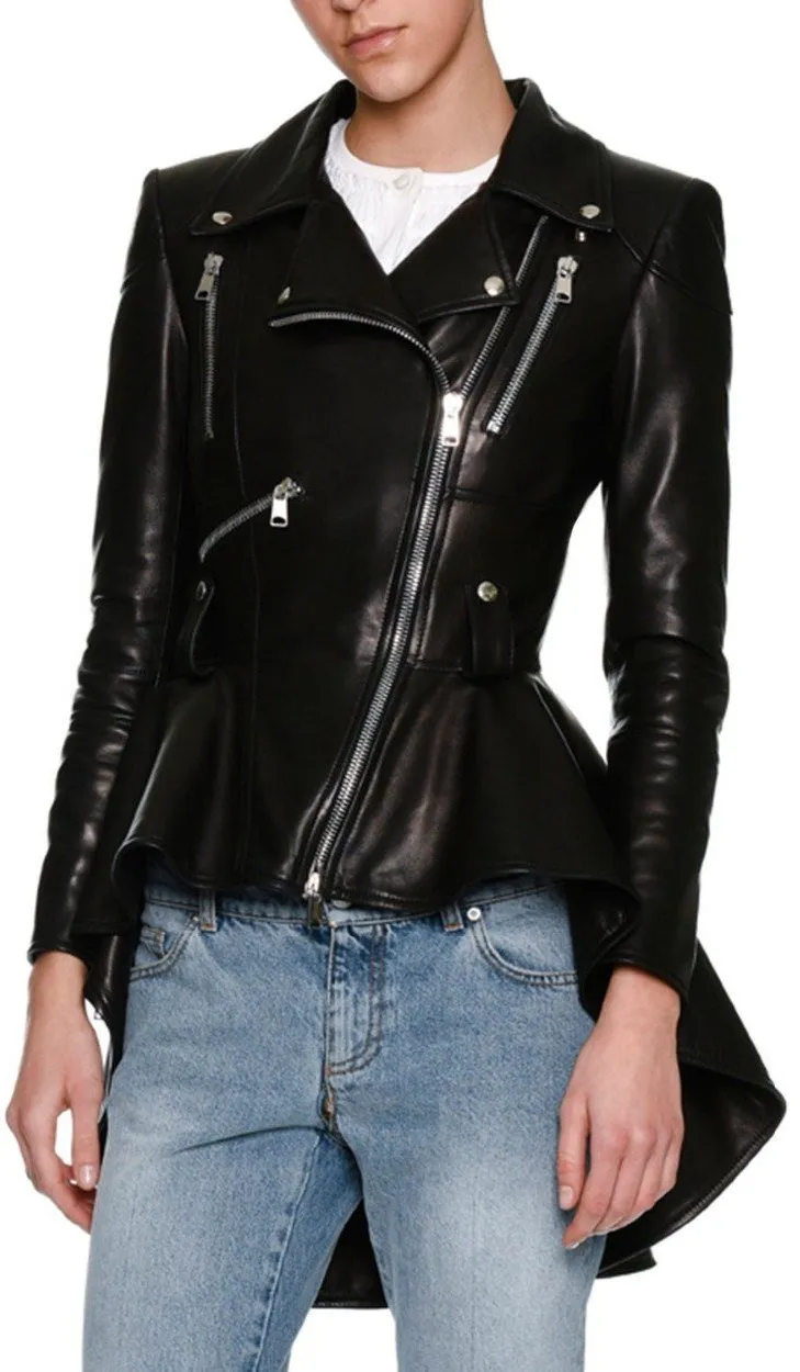 Black Faux-Leather Peplum Biker Jacket