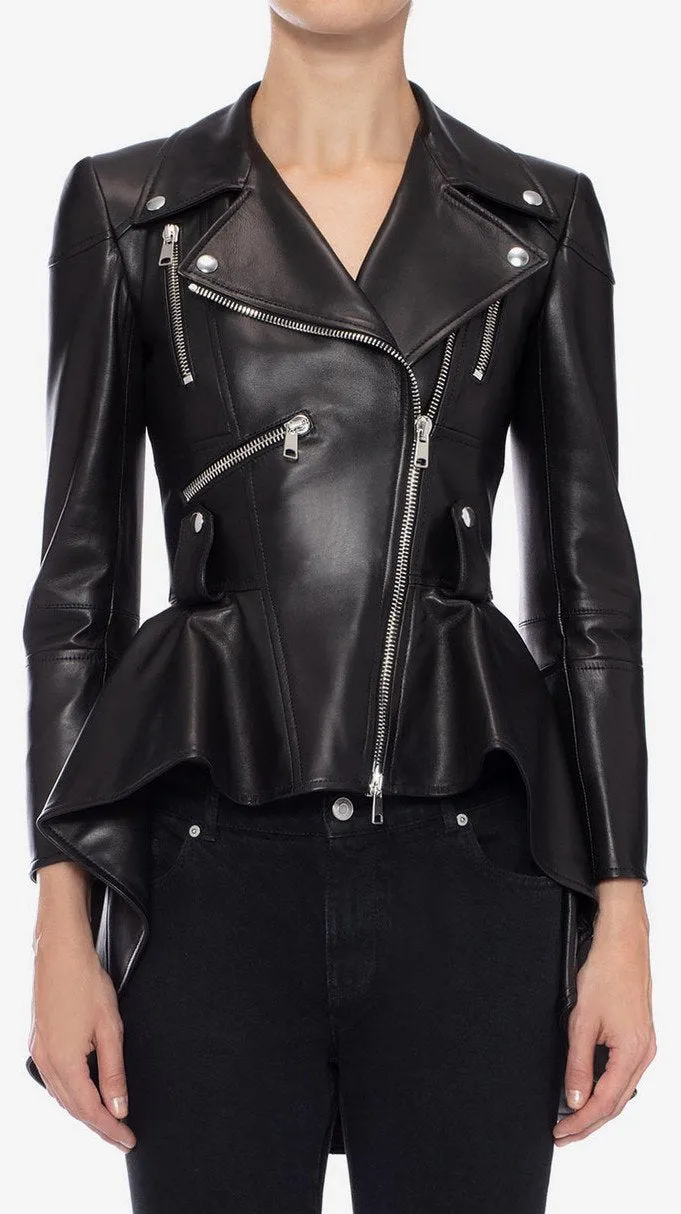 Black Faux-Leather Peplum Biker Jacket