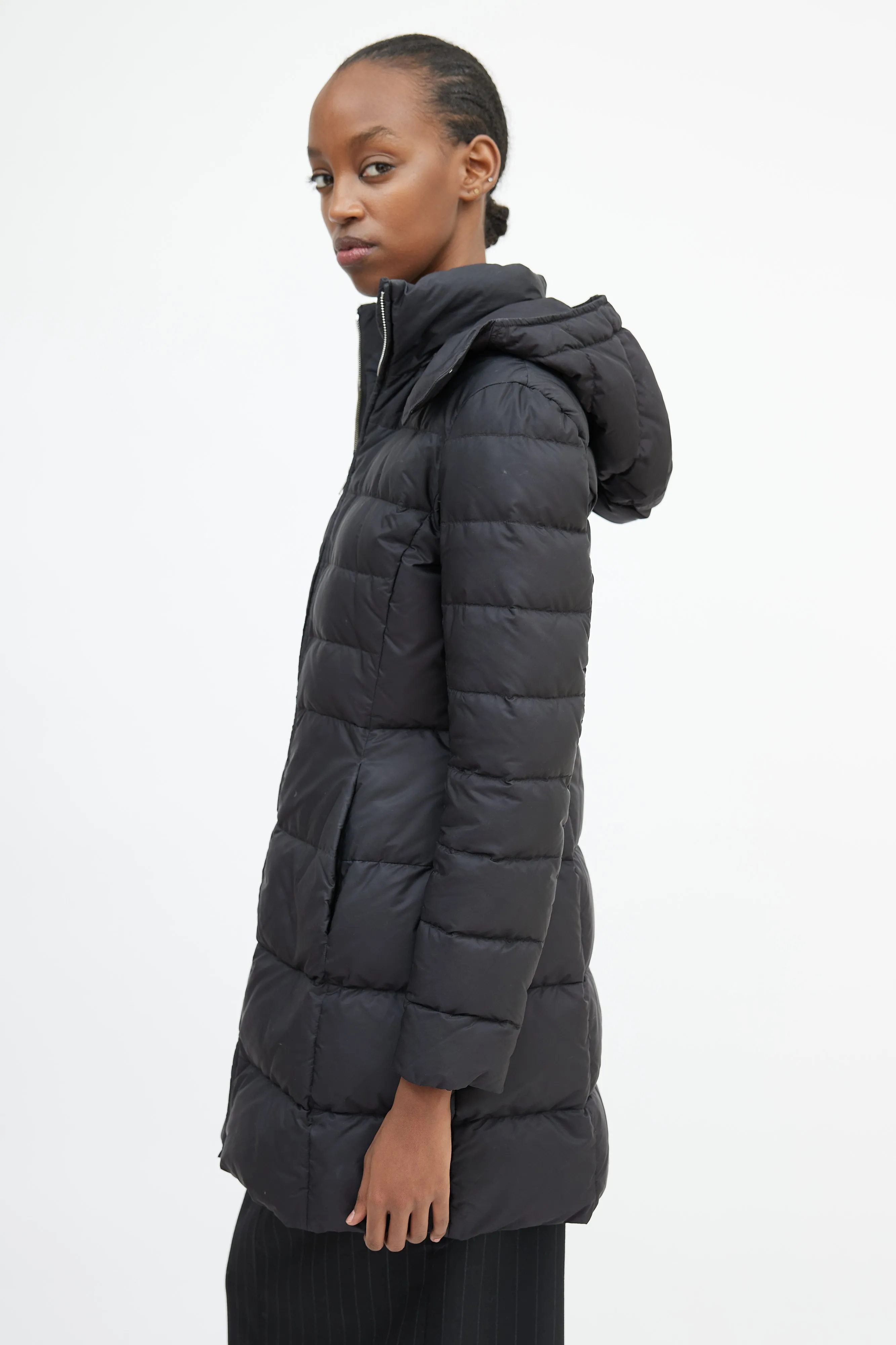 Black Nylon Hooded Down Coat