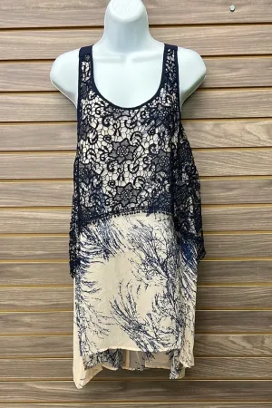 Blue floral lace tie back long tank