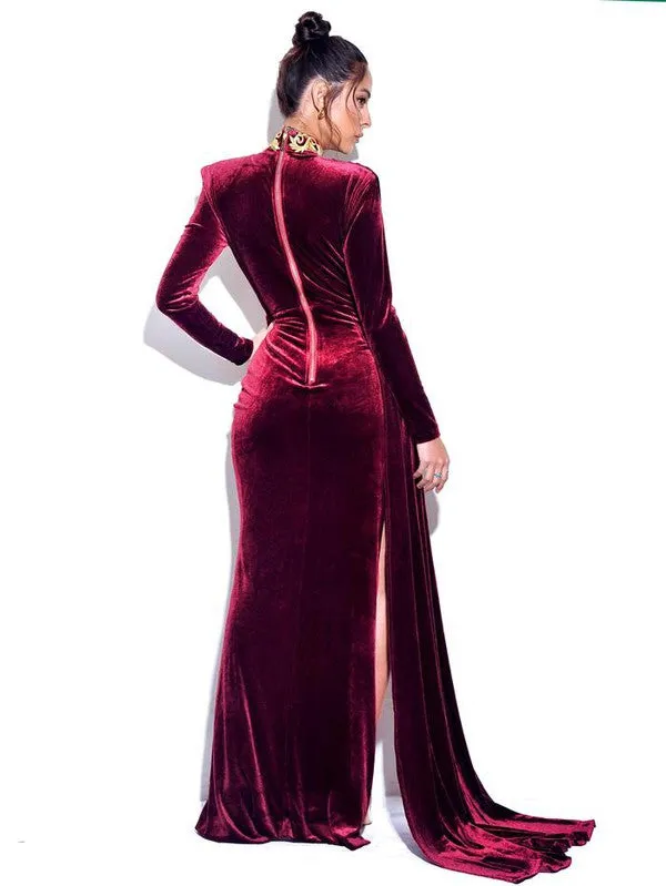 Burgundy Cutout High Slit Velvet Gown Evening Dresses