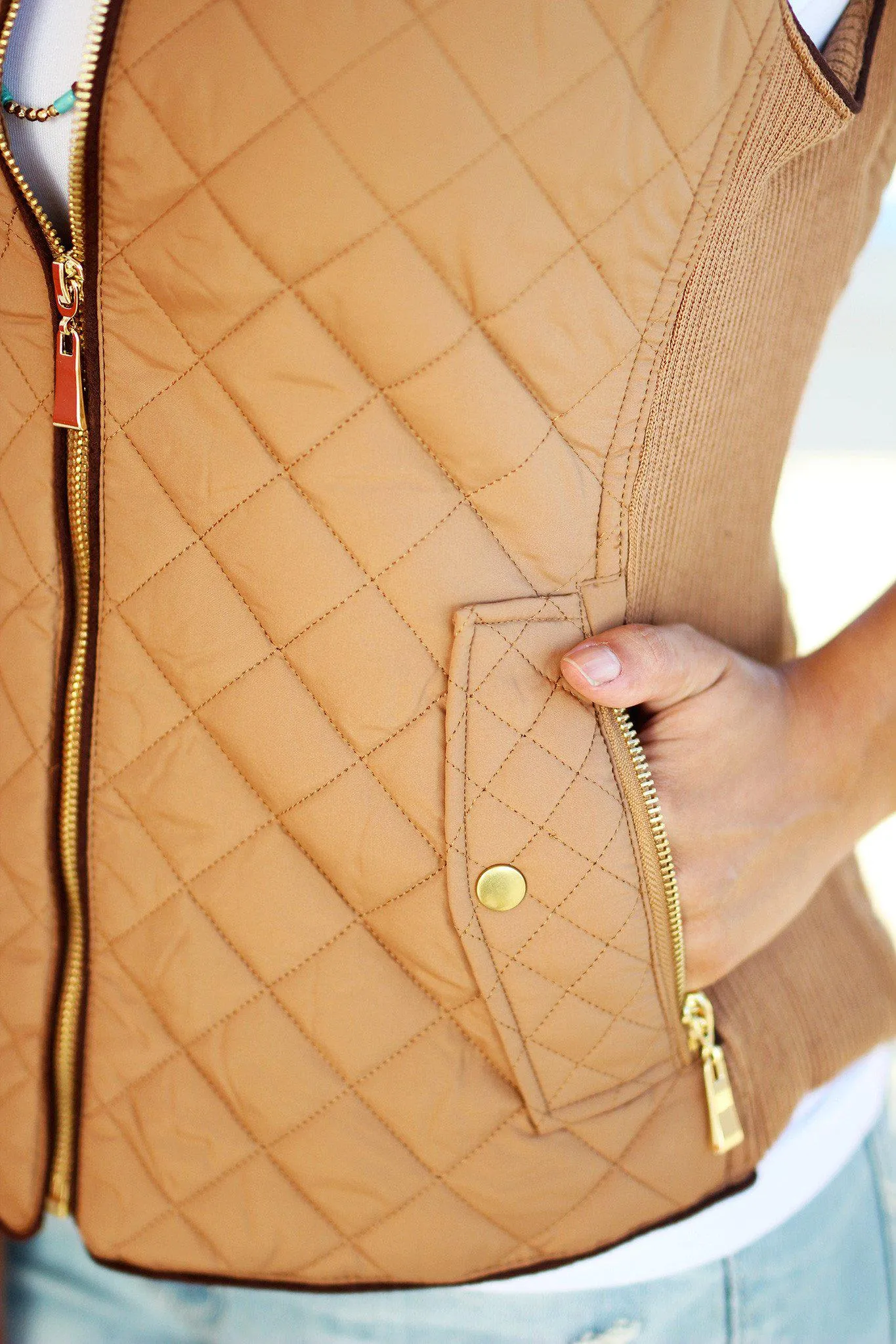 Camel Quilted Vest with Pockets