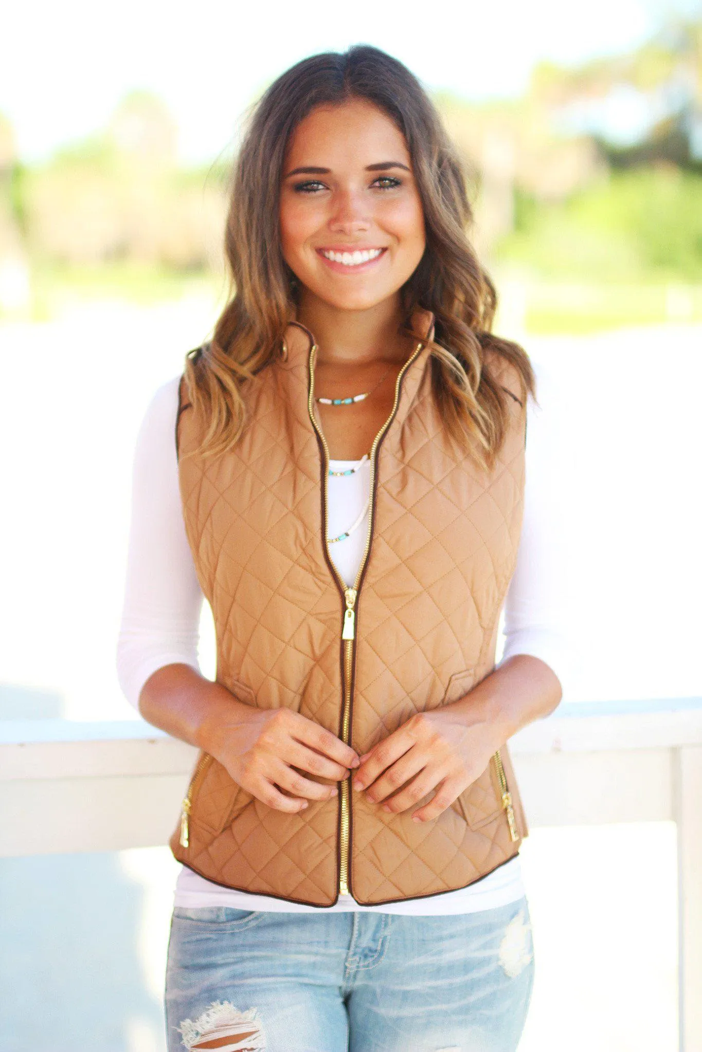 Camel Quilted Vest with Pockets