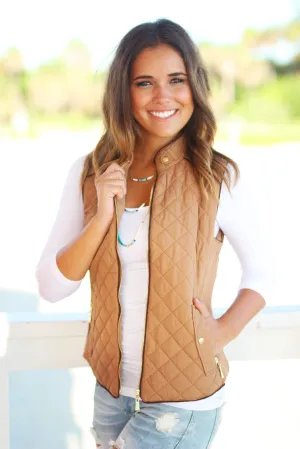 Camel Quilted Vest with Pockets