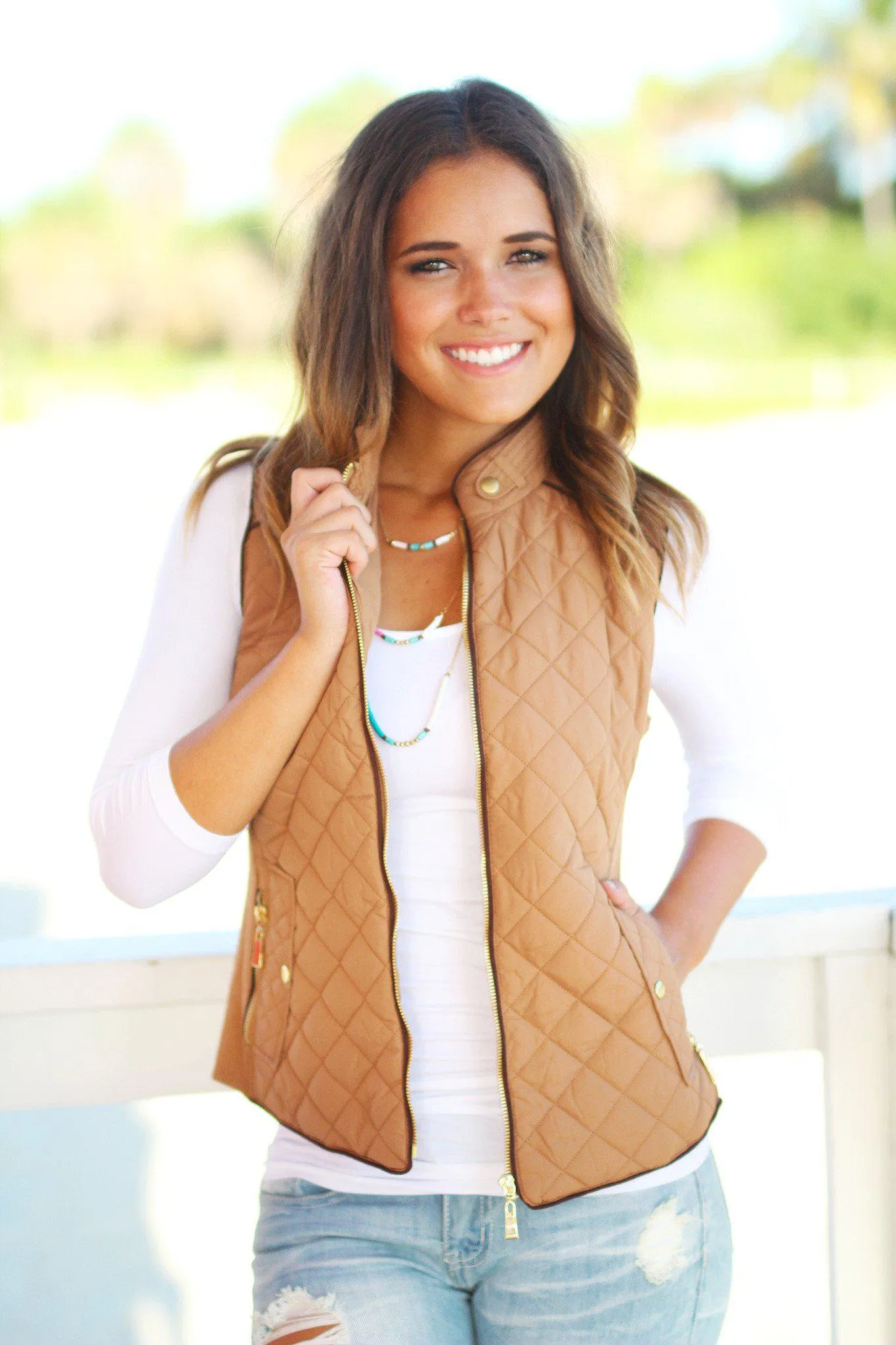 Camel Quilted Vest with Pockets