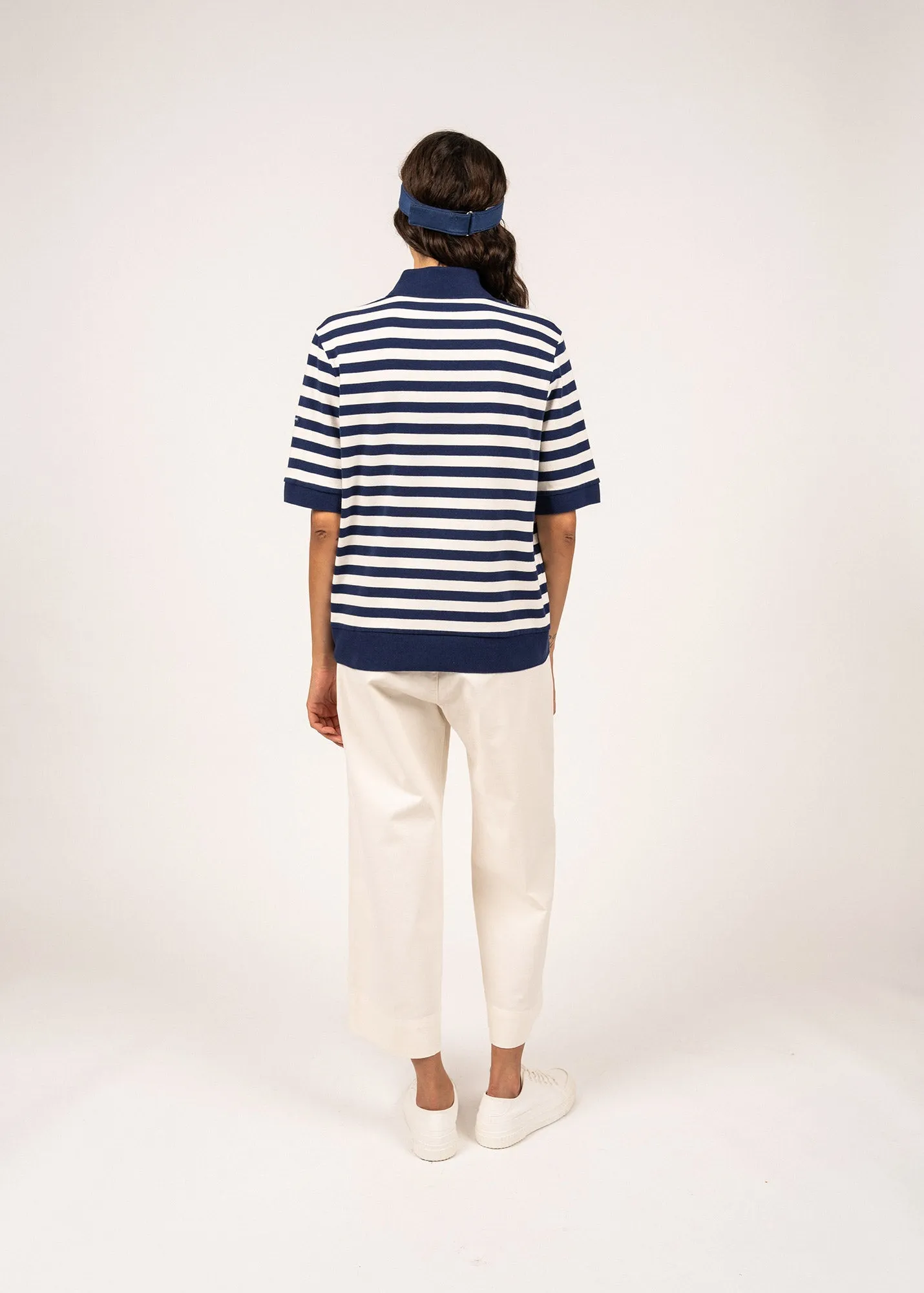 CAROLA - Striped Cotton Polo Shirt  (INDIGO / IVORY)