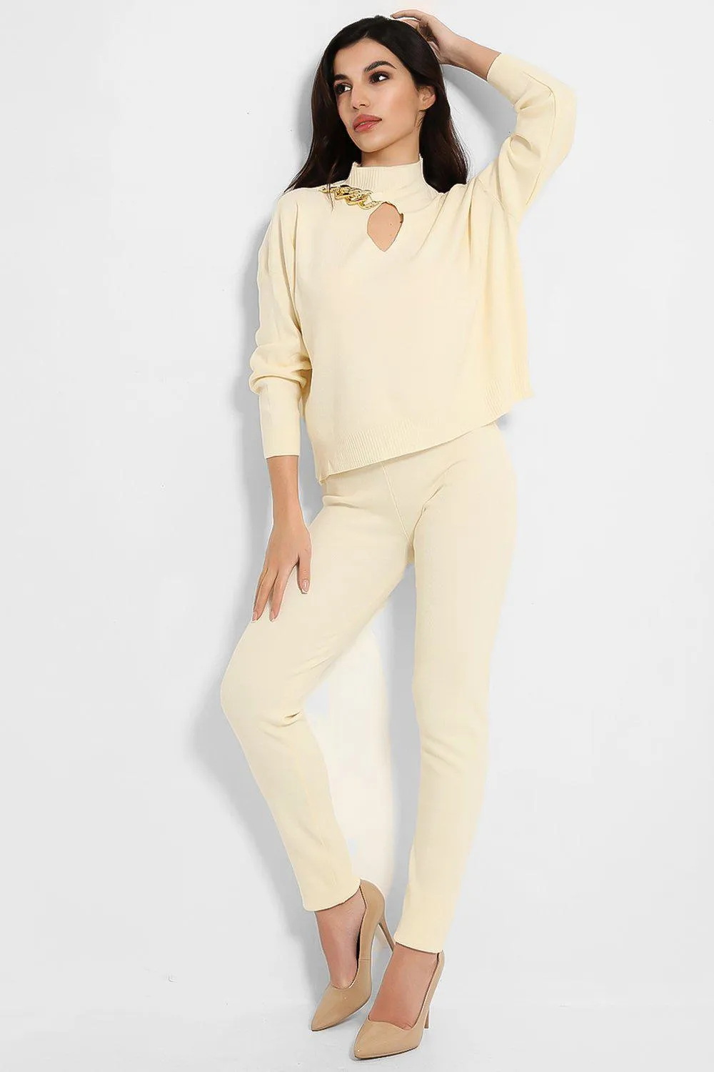 CHAIN CUT OUT JUMPER & LEGGINGS KNIT BEIGE LOUNGE SET