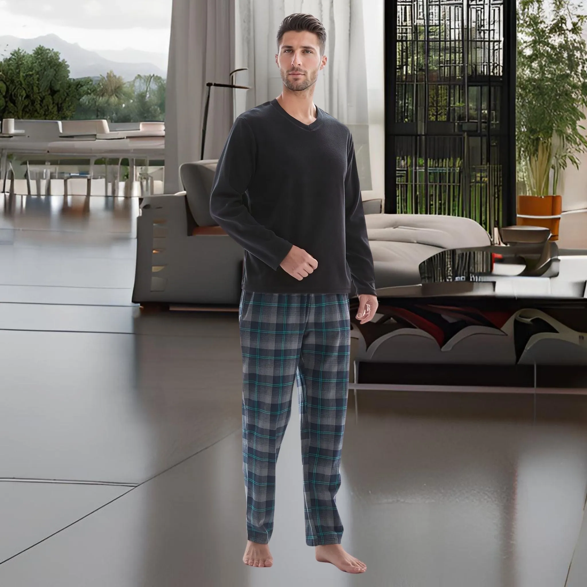 Checkered Pattern Pyjamas Fleece Top Cotton Bottoms Loungewear.