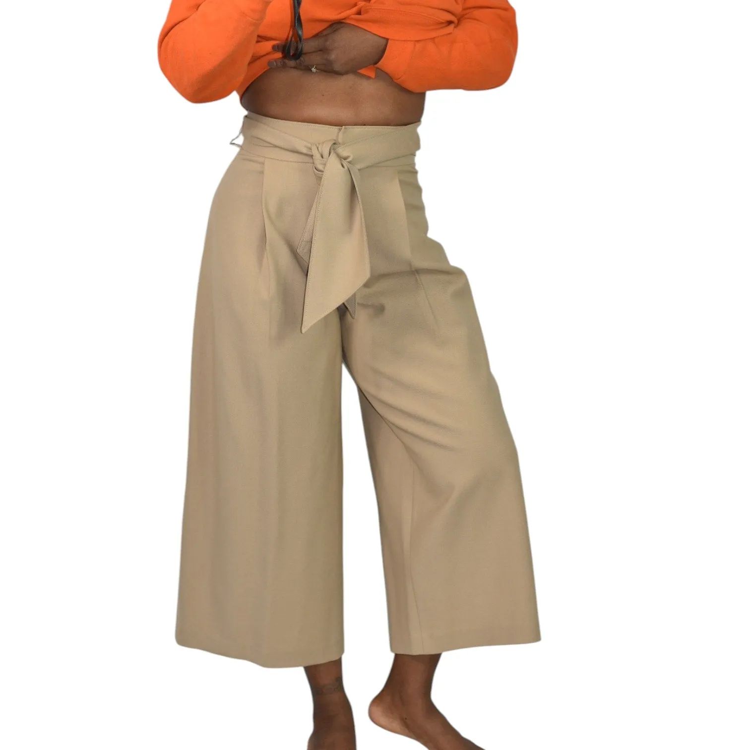 Club Monaco Wide Leg Crop Trousers Tan Tailored Pants Belted Flare Wool Khaki High Waist Gaucho 0