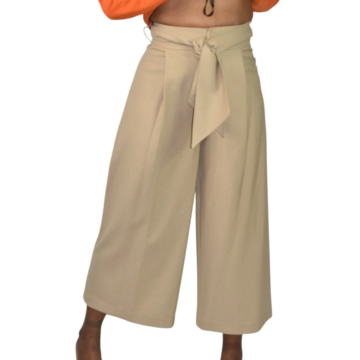 Club Monaco Wide Leg Crop Trousers Tan Tailored Pants Belted Flare Wool Khaki High Waist Gaucho 0