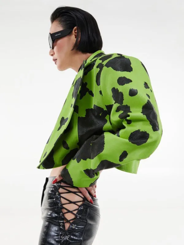 Cow Print Lapel Crop Faux-Leather Biker Jacket