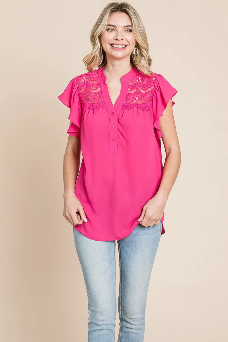 Crochet Detail Flutter Short Sleeve Blouse Tops