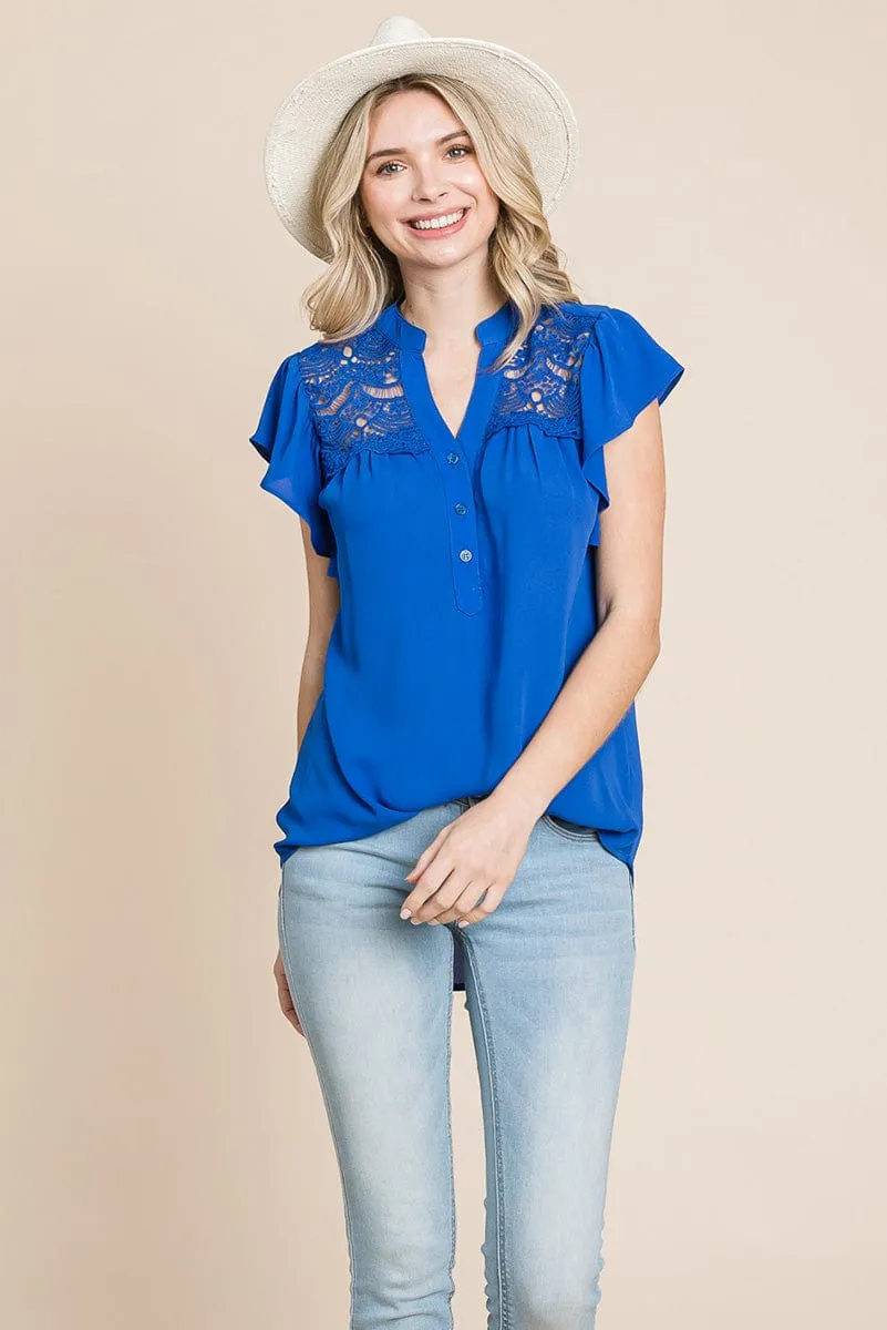 Crochet Detail Flutter Short Sleeve Blouse Tops