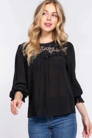 Crochet Lace Panel Flounce Sleeve Blouse