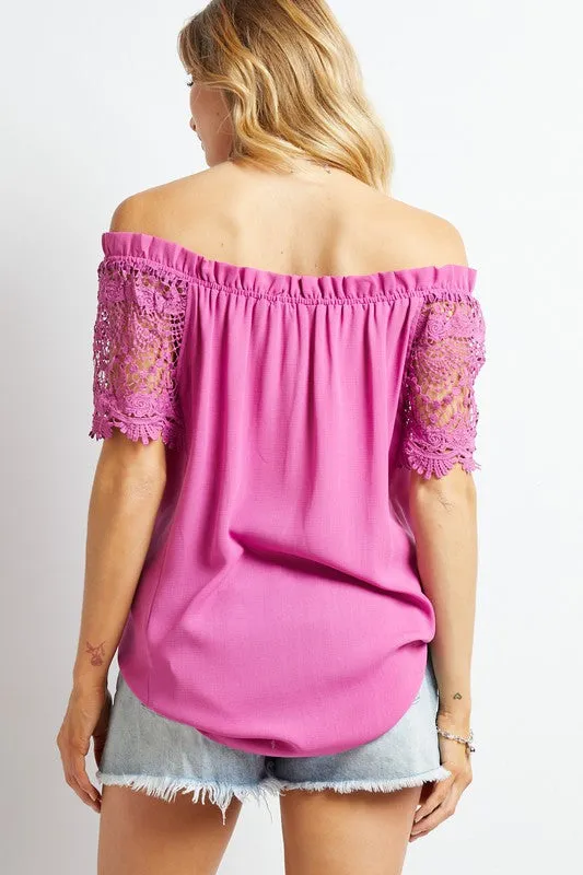 CROCHET LAEC SLEEVE ACCENT OFF SHOULDER TOP