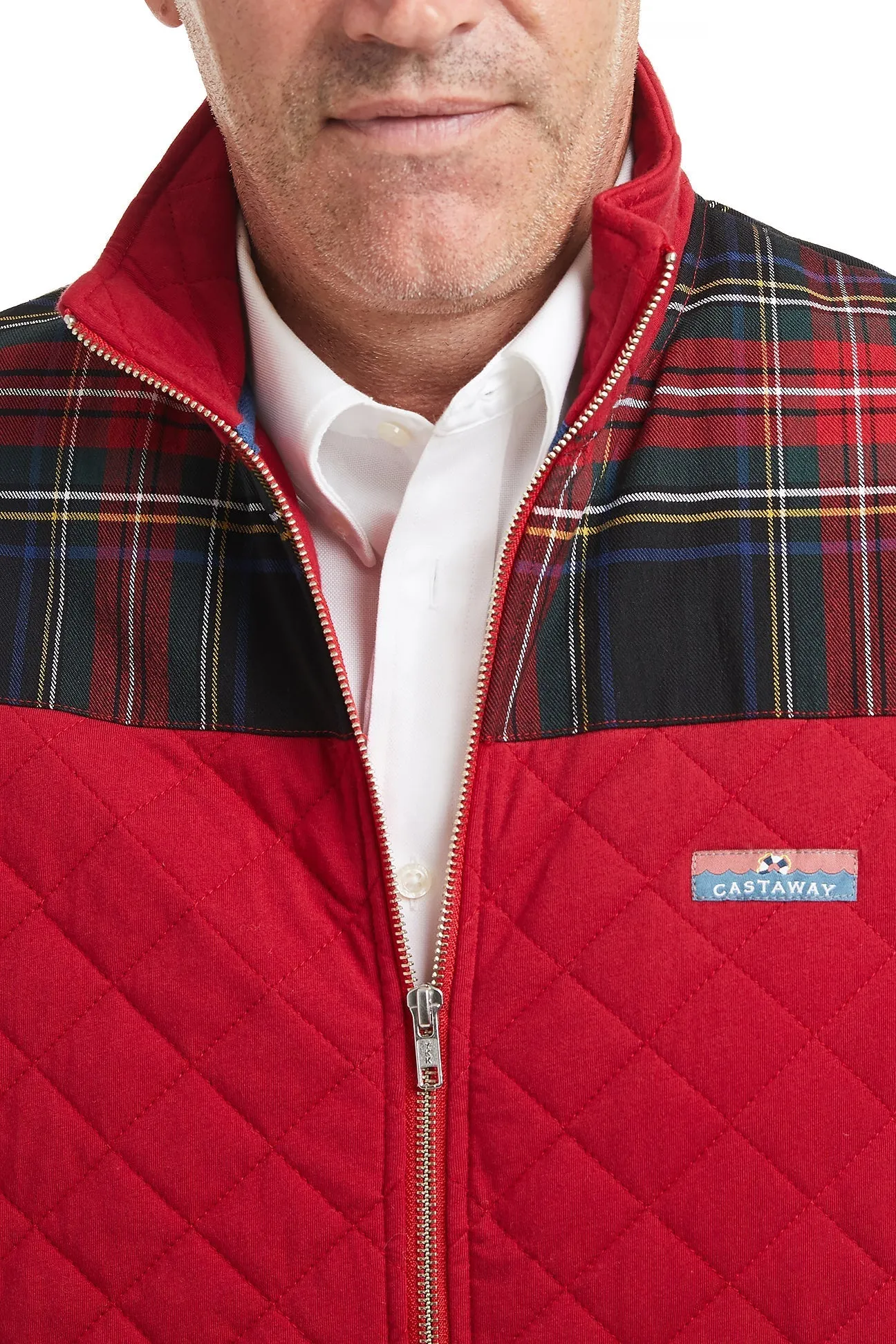 Cross Rip Quilted Vest Regatta Red with Black Stewart Tartan Trim