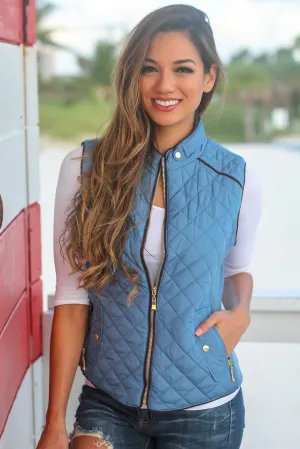 Dusty Blue Quilted Vest with Pockets