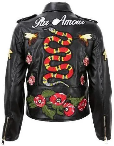 Embroidered Faux-Leather Jacket