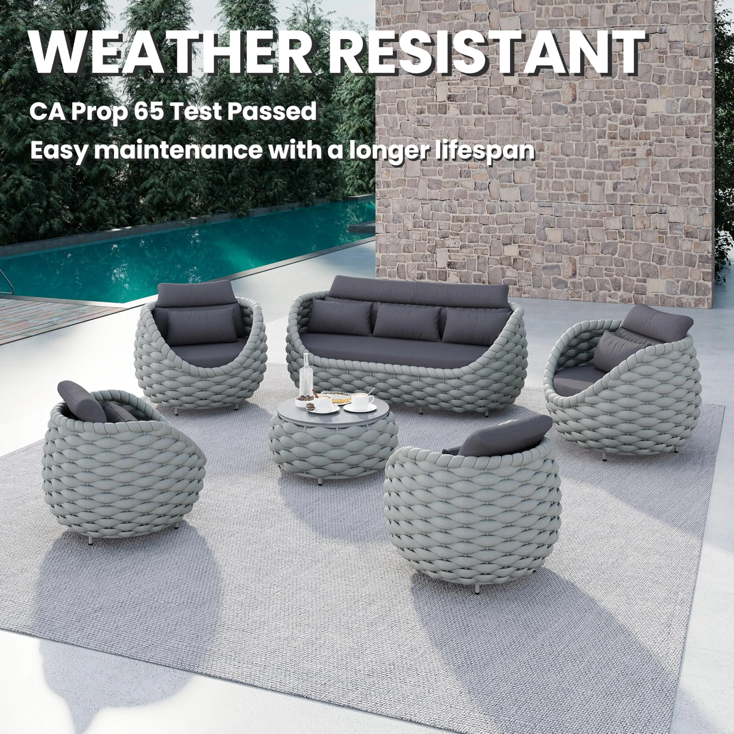 Erotr 6 Pieces Rope Patio Furniture Set: Aluminum Outdoor Couch Set Cushioned - Assembled Conversation Sofa Set Modern - Metal Porch Seating for 7 Person - All Weather for Deck Garden Poolside Hotel