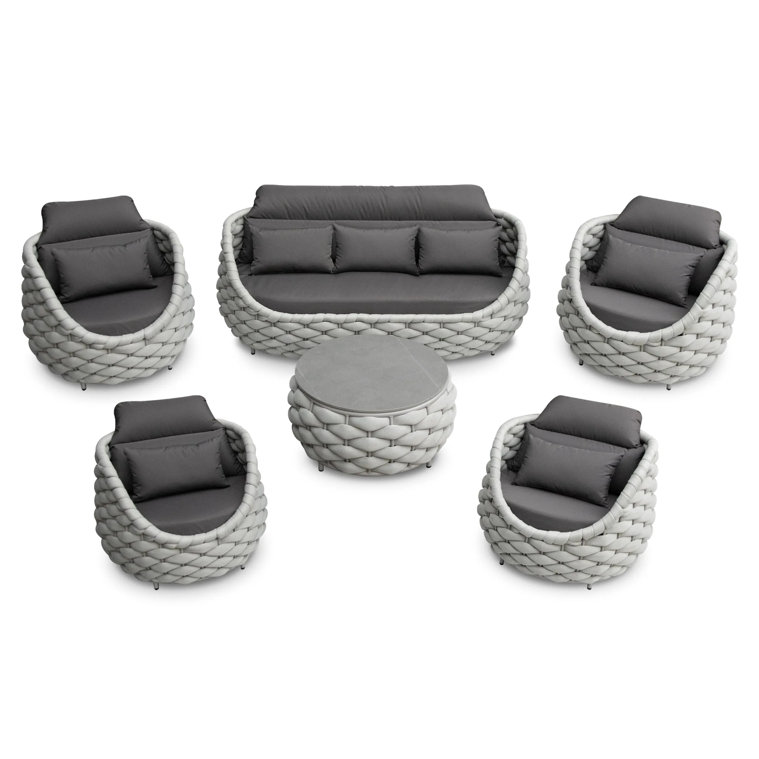 Erotr 6 Pieces Rope Patio Furniture Set: Aluminum Outdoor Couch Set Cushioned - Assembled Conversation Sofa Set Modern - Metal Porch Seating for 7 Person - All Weather for Deck Garden Poolside Hotel