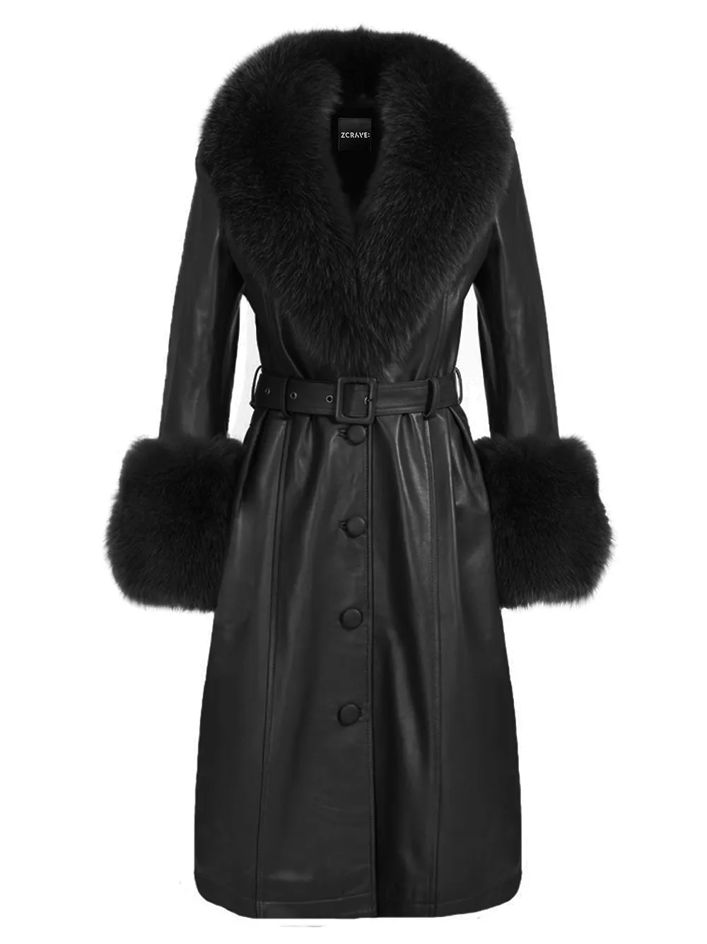 Faux Fur Genuine Leather Coat in Black