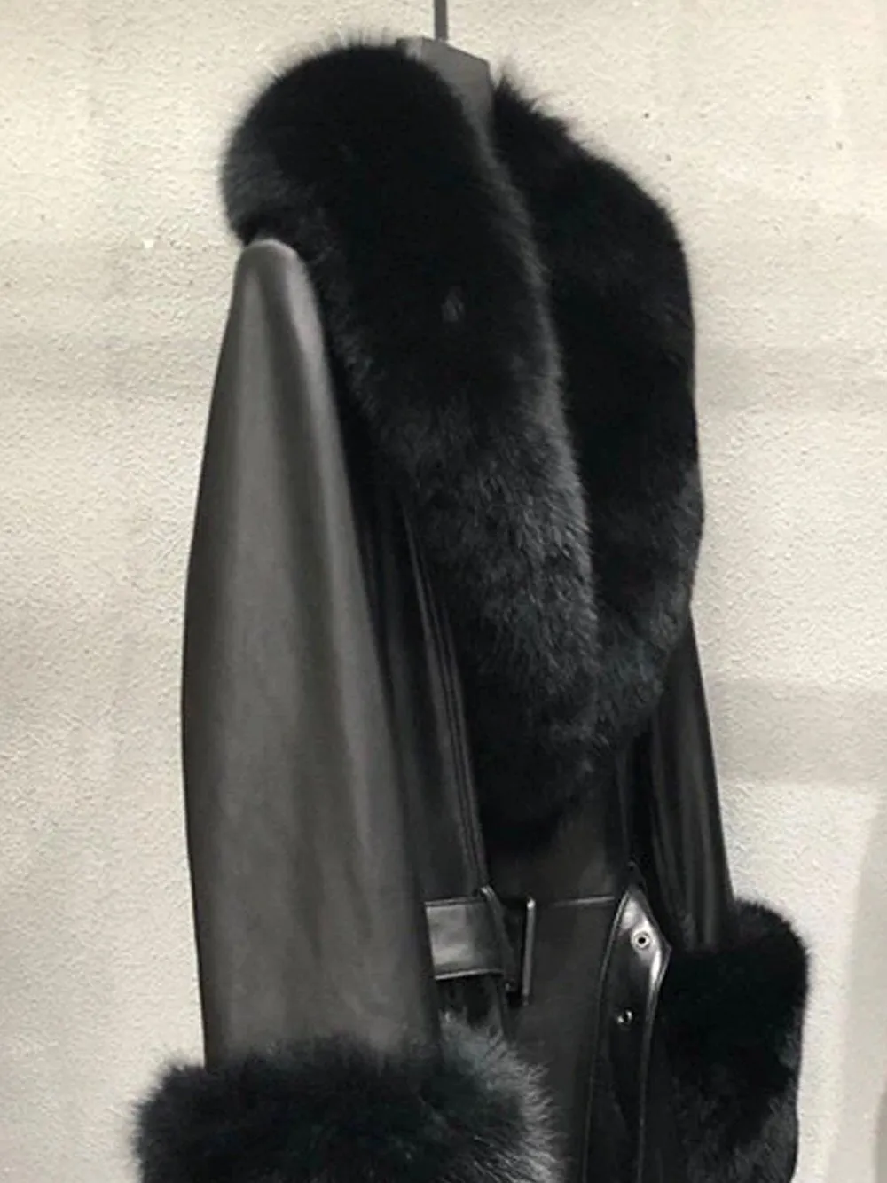 Faux Fur Genuine Leather Coat in Black