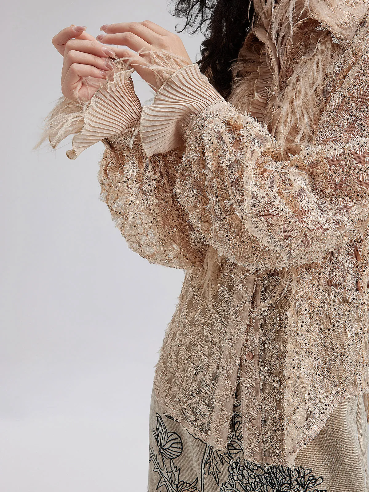 Feather Trim Lace Detail Shirt