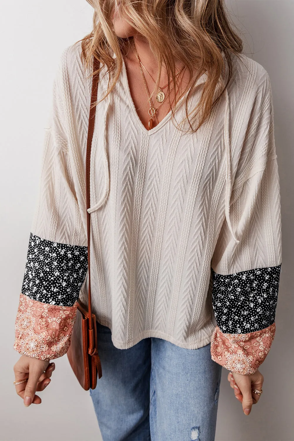 Floral Textured Knit Drawstring Blouse