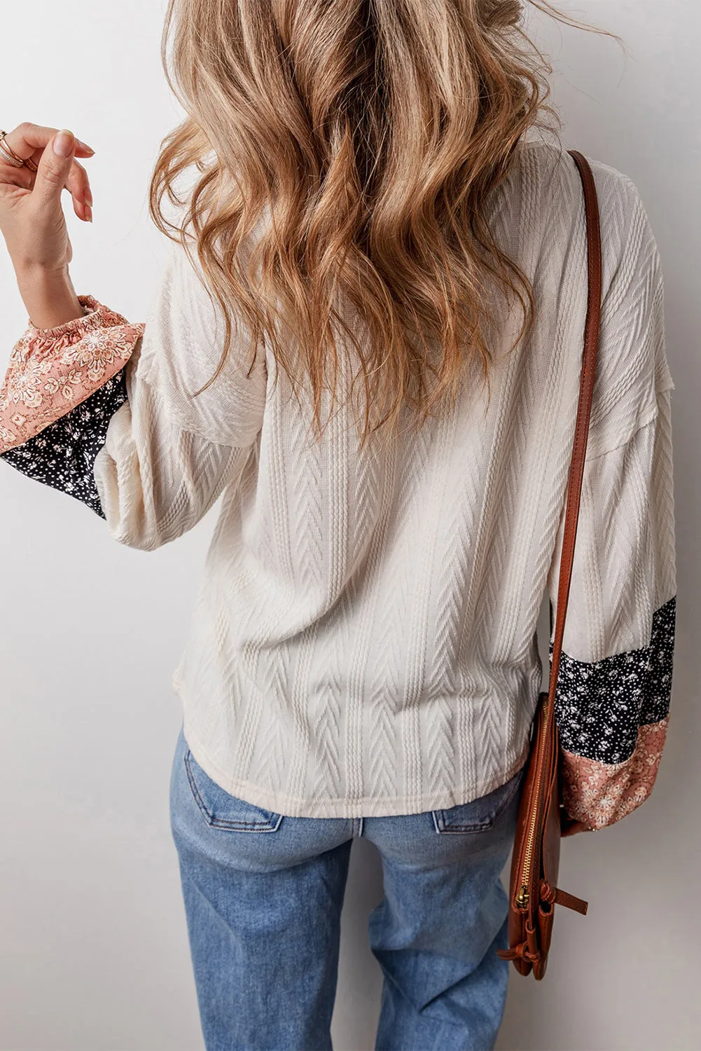 Floral Textured Knit Drawstring Blouse