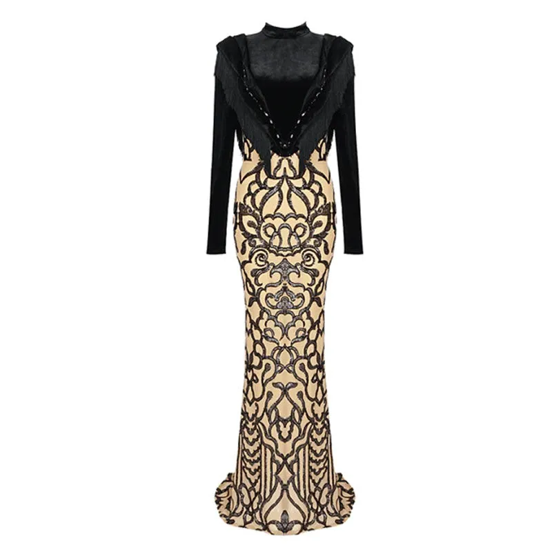 Fringe High Neck Sequin FLower Mesh Velvet Mermaid Maxi Dress - Black