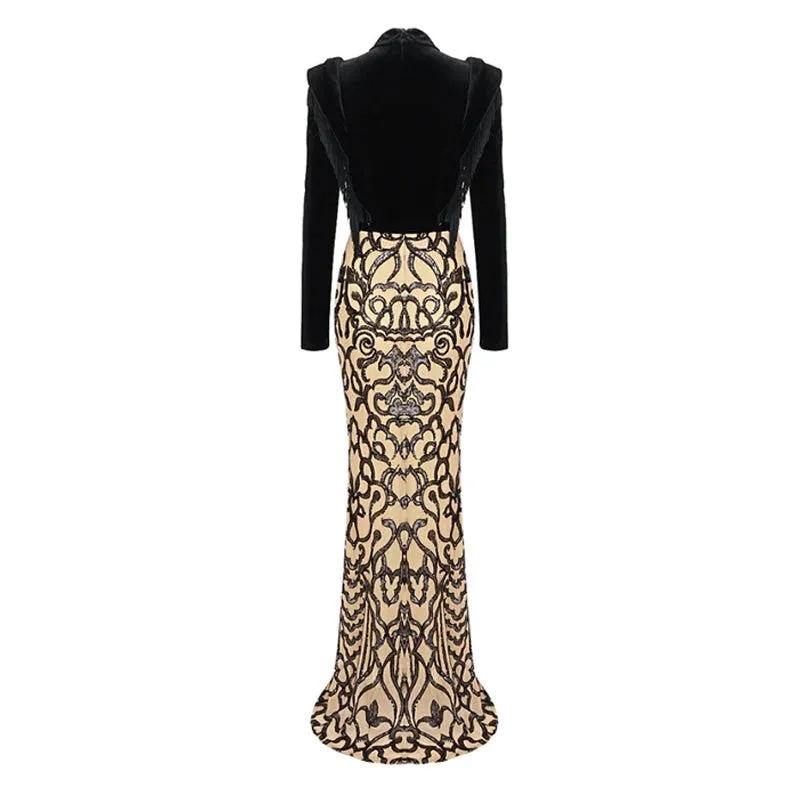 Fringe High Neck Sequin FLower Mesh Velvet Mermaid Maxi Dress - Black