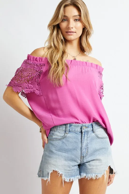 FS Clearance Crochet Lace Sleeveless Accent Off Shoulder Top