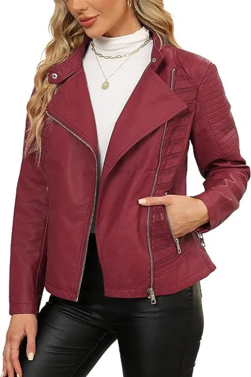 Giolshon Women Faux Leather Casual Jacket, Motorcycle Bike Coat