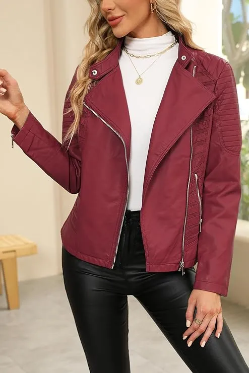 Giolshon Women Faux Leather Casual Jacket, Motorcycle Bike Coat